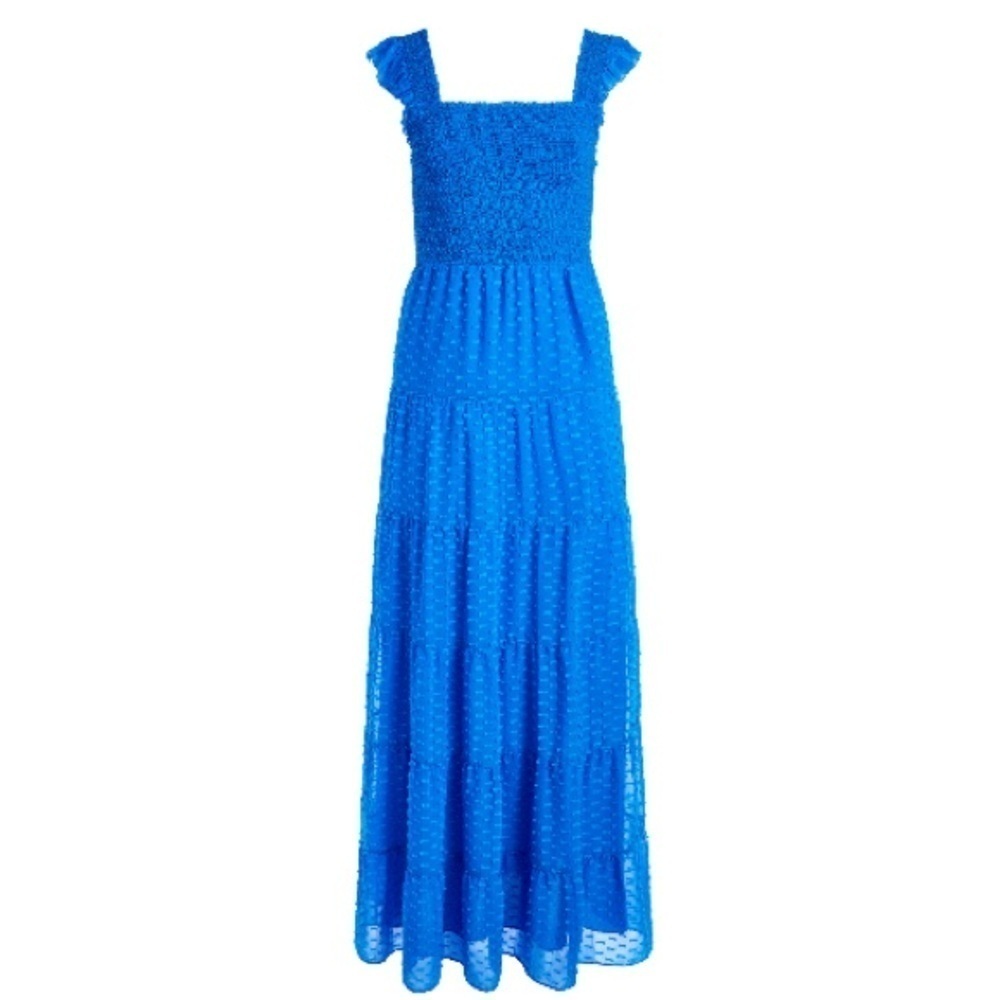 Alice+Olivia KIZZIE SMOCKED FLUTTER SLEEVE TIERED MAXI DRESS SZ 2 Blue Feminine - Picture 5 of 16